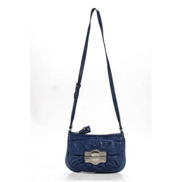 B Makowsky Denim Blue and Leather Crossbody With Bold Chrome Accents - Picture 6 of 12